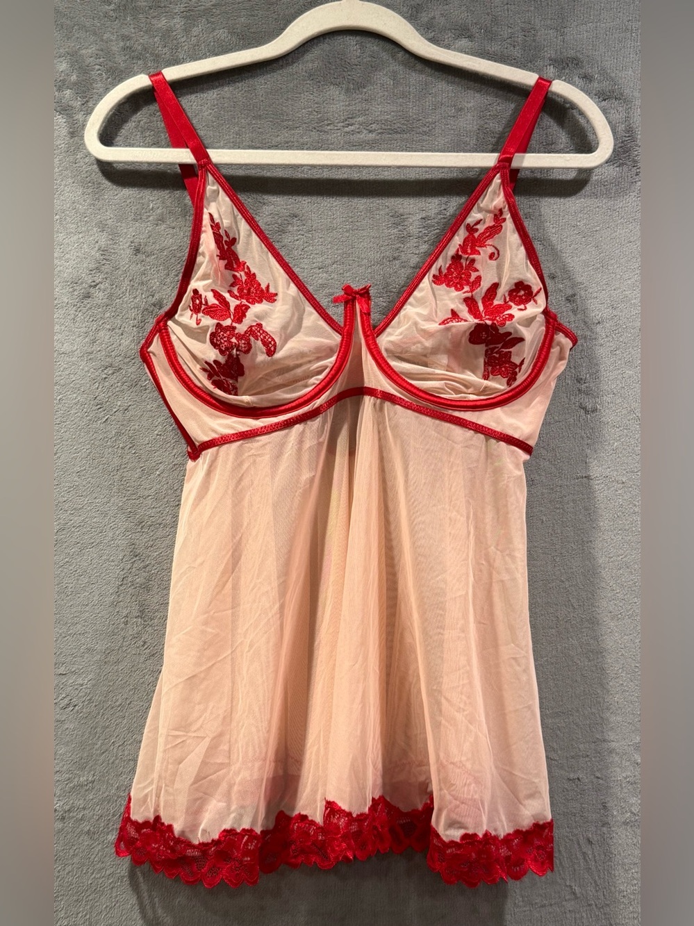 Coquette Babydoll Nightgown Size  XL Nude Red Lace Sheer Chemise Lingerie